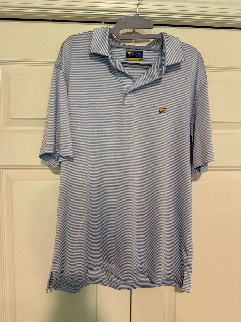 Jack Nicholaus Light Blue Micro-Stripe Polo with Yellow Marsh Logo